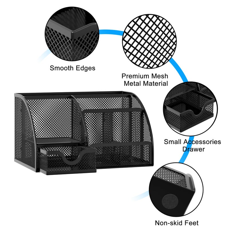 EasyPAG Mesh Desk Organizer with Drawer Multi-functional Pen Holder Stationery Organizer for Office School Supplies 6 Compartments Dorm Organizers and Storage for Desk, Black - Image 3